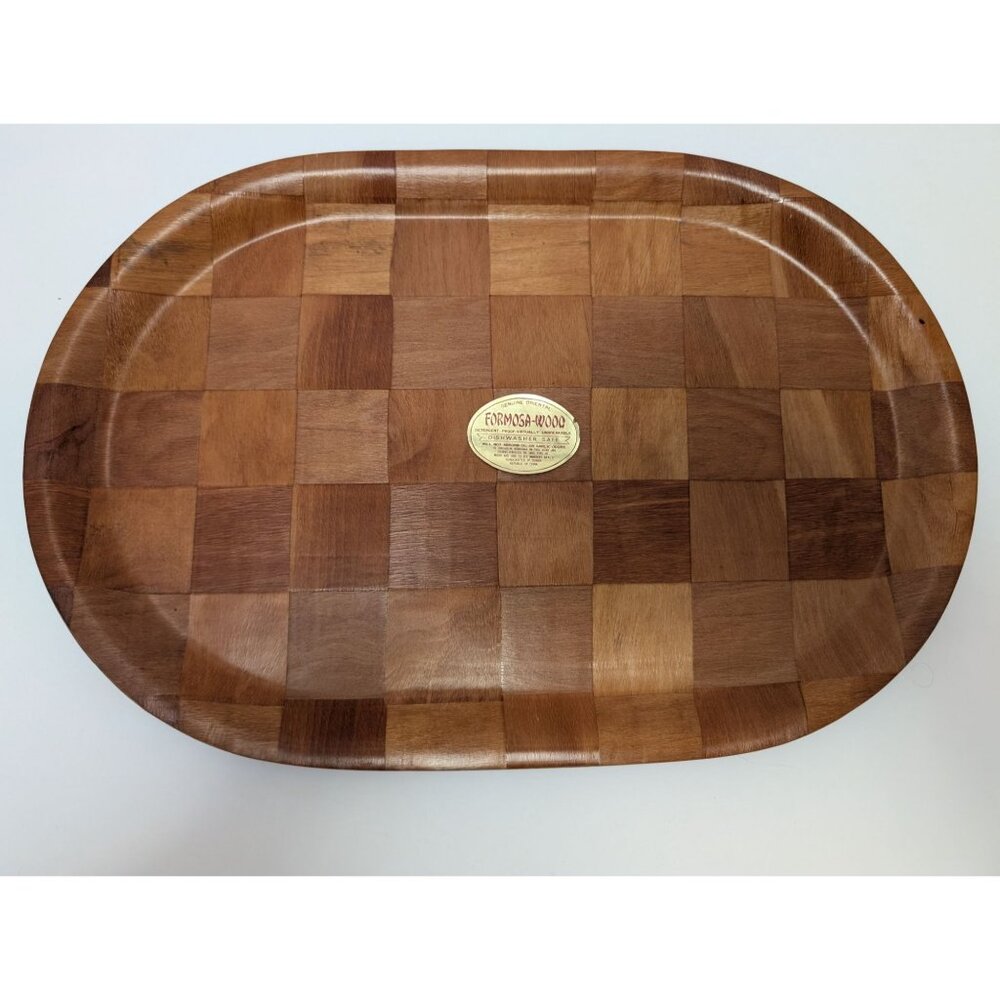 Formosa-Wood Checkered Wooden Oval Serving Tray 18"x12" Genuine Oriental Vintage
